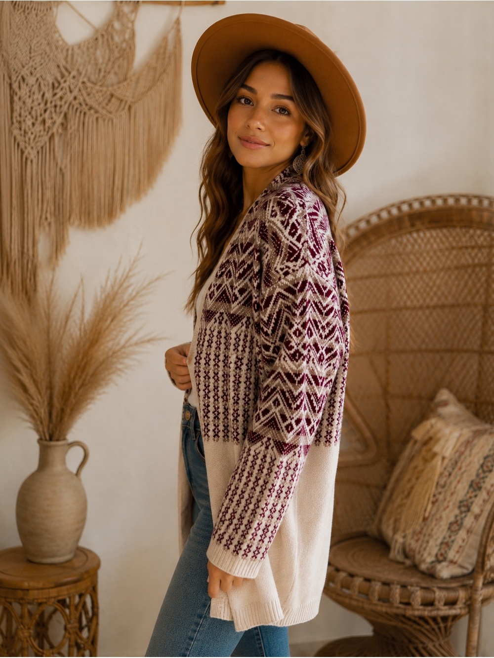 Gilded Intent Burgundy & Cream Boho Cardigan Sweater